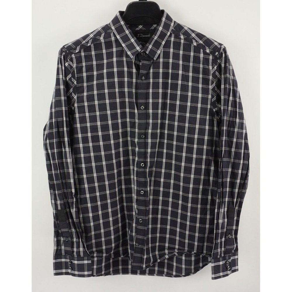 7 Diamonds The Truth Mens XL Long Sleeve Blue White Plaid Cotton Button Up Shirt